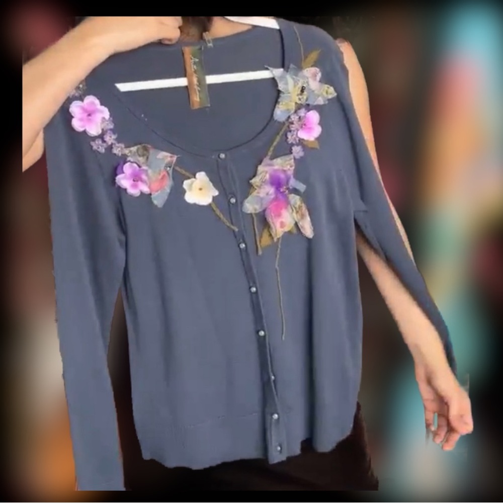 Embroided Cardigan Floral Embellishments Faded Blue Sz S and M